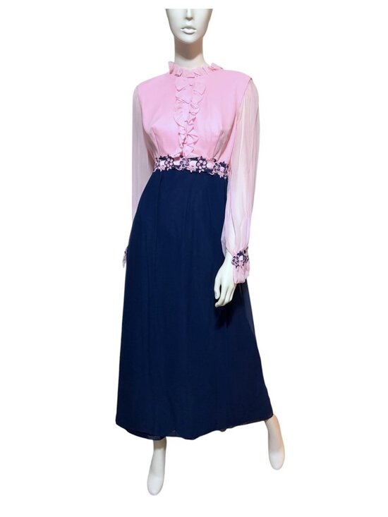 Vintage American Dresses & Skirts - Vintage Formal Maxi Dress S Embroidered Ruffle Balloon Sleeves Twee Coquette